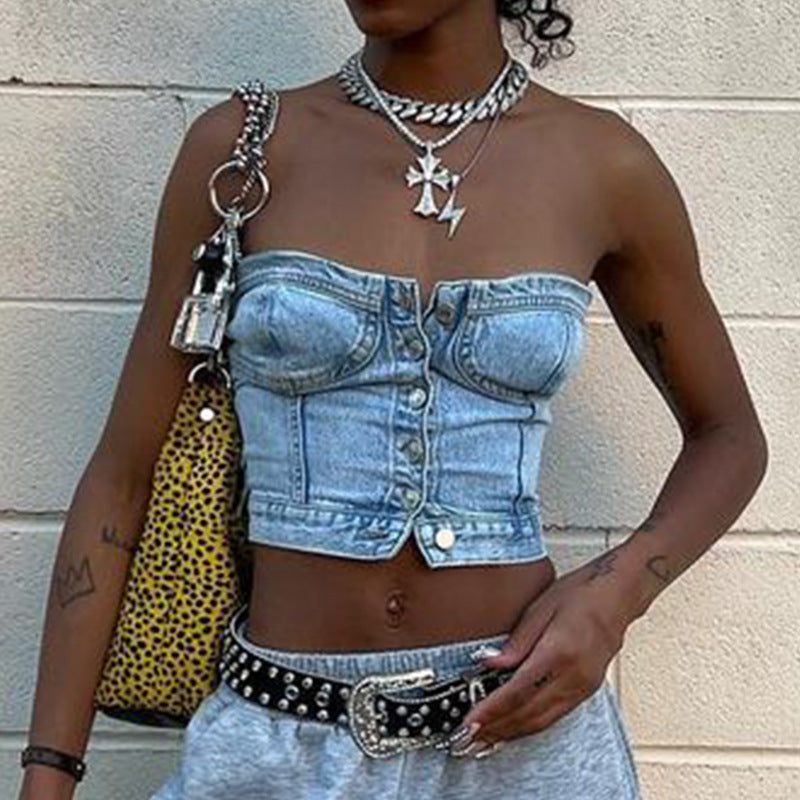 Women's Denim Crop Top with Knitted Overlay Lisslune