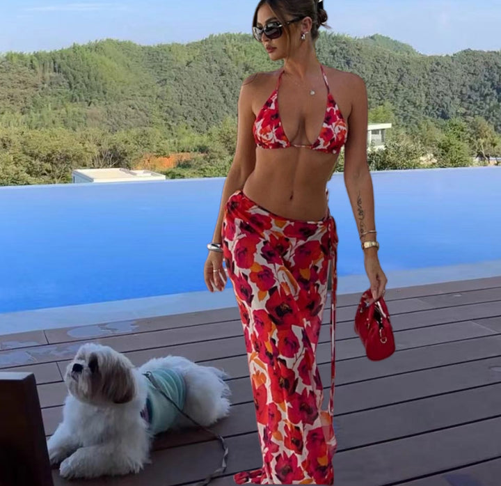 Women's bikini set with elegant wrap towel and floral design