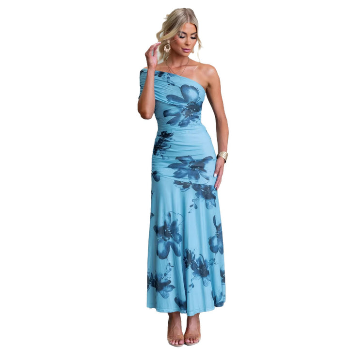Women's Off-Shoulder Maxi Dress with Floral Accents and Ruffled Design