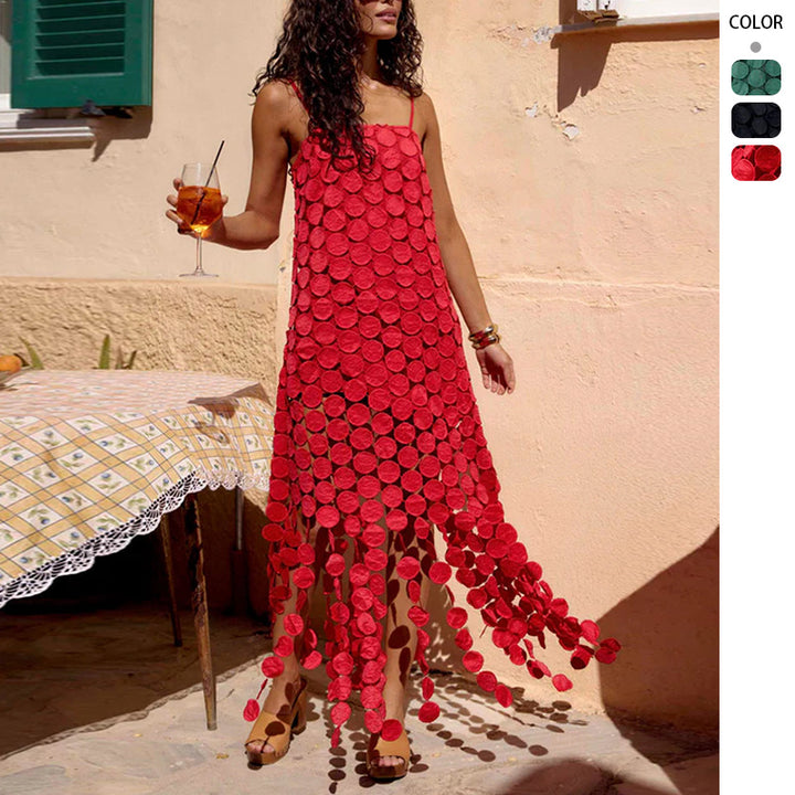 Women's maxi dress with decorative crochet applications and side slits Lisslune