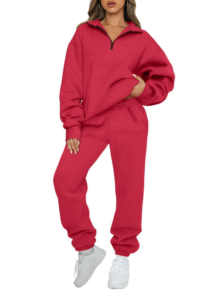 Women's comfortable sweatpants set with modern stand-up collar and kangaroo pocket Lisslune