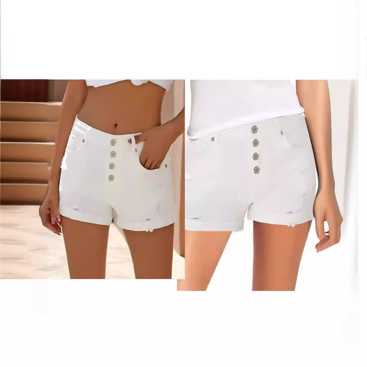 Women’s fashionable high-waist denim shorts with button details and frayed hem Lisslune