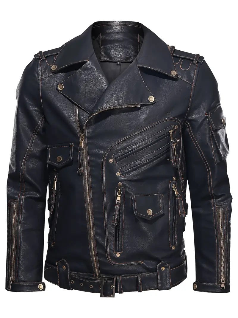 Men's stylish biker jacket with multiple zip pockets and belt detail Lisslune