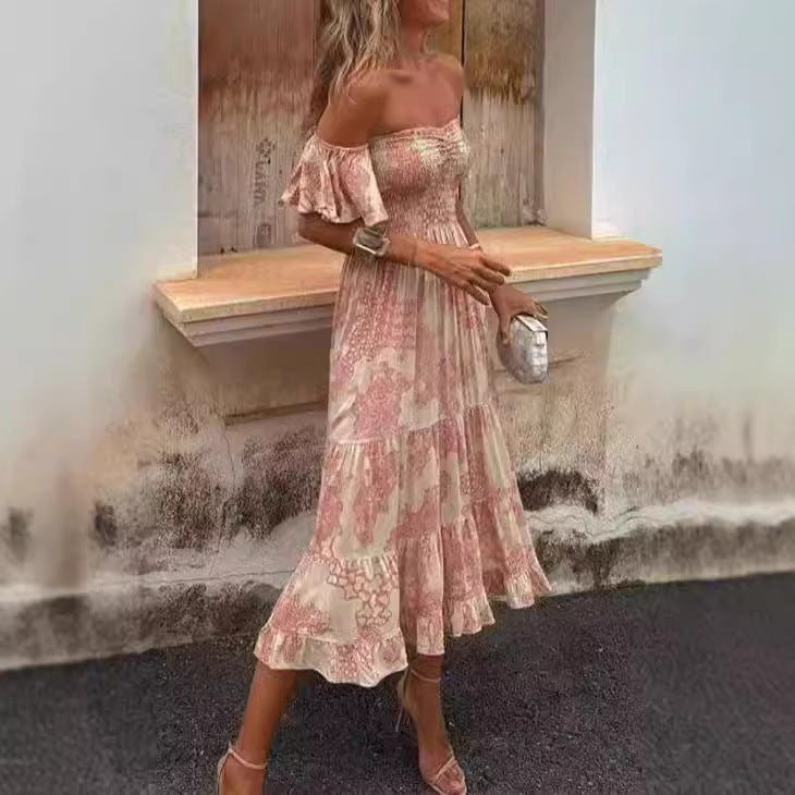 Women's Off-Shoulder Maxi Dress with Ruffle Details and Elastic Waistband Lune London