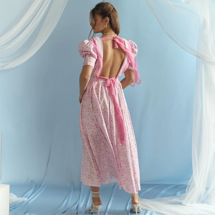 Ladies flower pattern dress with puff sleeves and deep V-neck Lisslune