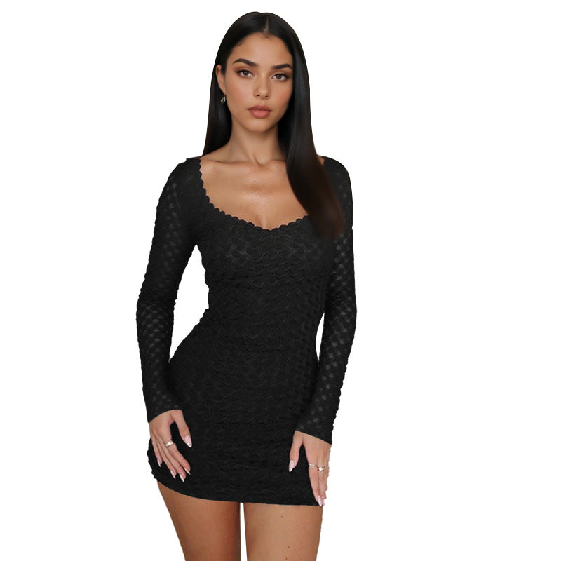 Women's ribbed knit mini dress with long sleeves and heart-shaped neckline