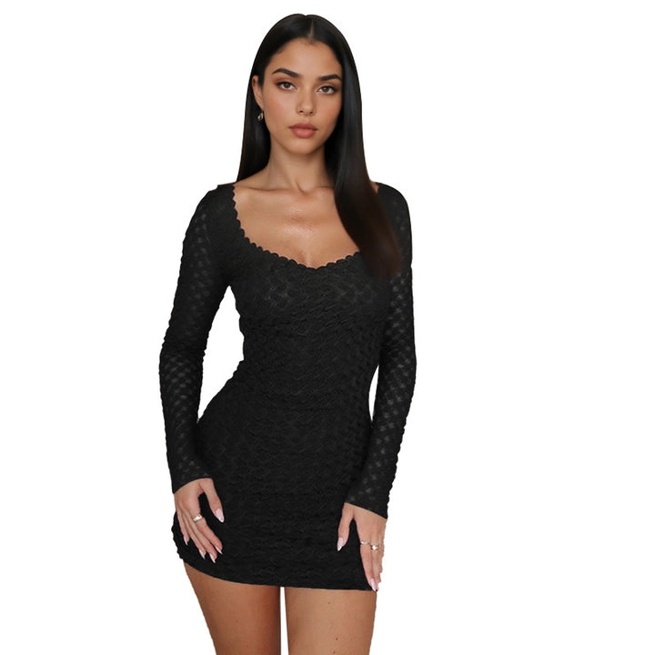 Women's ribbed knit mini dress with long sleeves and heart-shaped neckline