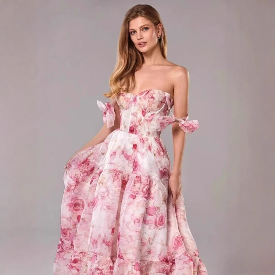 Women Elegant Maxi Dress with Floral Details and Ruffled Straps Lisslune