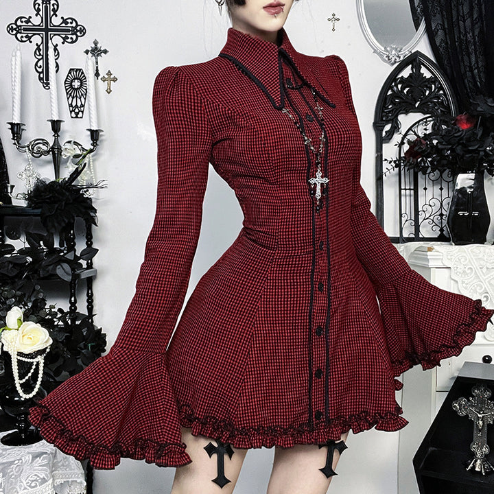 Ladies chic mini dress with ruffled sleeves and decorative collar Lune London