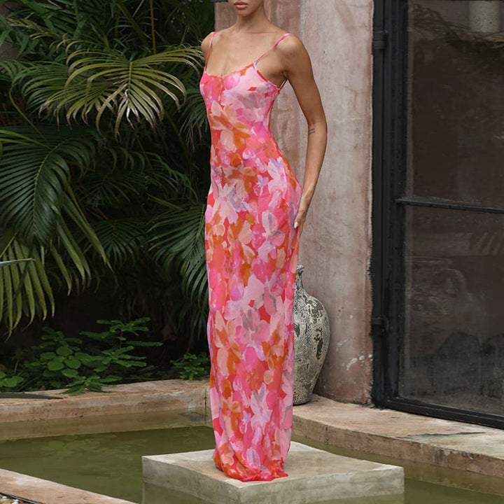 Women's maxi dress with floral pattern and narrow spaghetti straps
