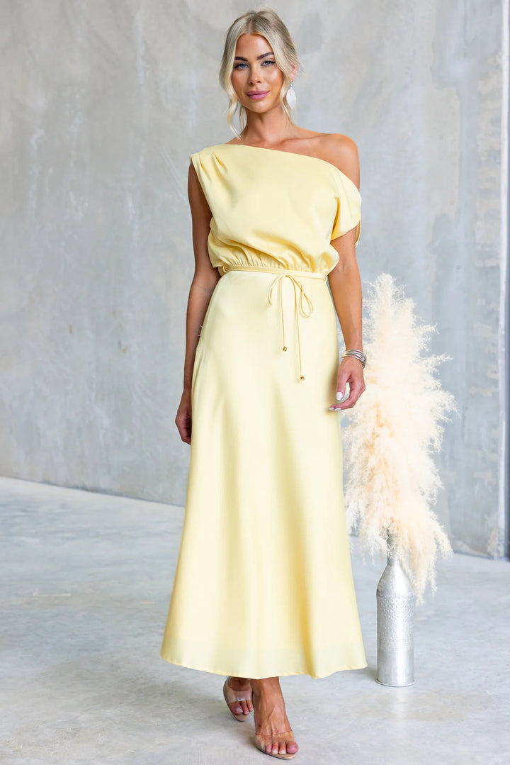 Ladies Maxi Dress with Off-Shoulder Design and Elastic Waistband Lune London