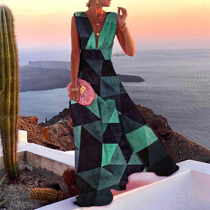 Women's maxi dress with geometric cut and deep V-neck