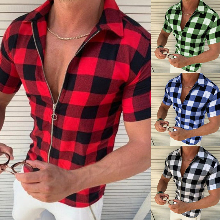 Men's short-sleeve shirt with modern check pattern and casual zipper Lisslune
