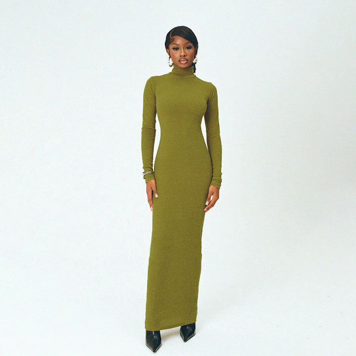 Ladies Long Sleeve Maxi Dress with Elegant Stand Collar and Fitted Cut Lune London