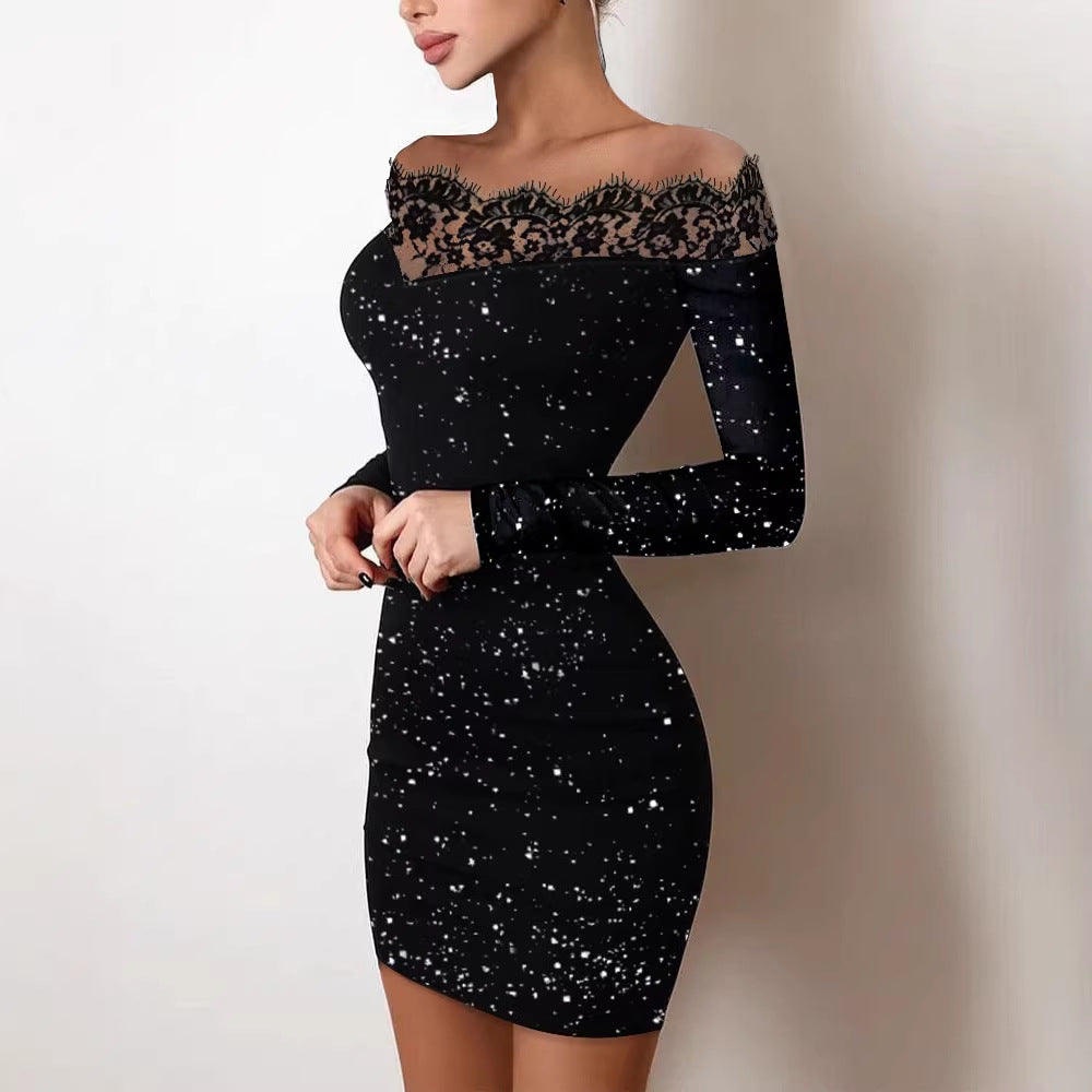 Ladies Off-shoulder Dress with Lace Trim Lisslune