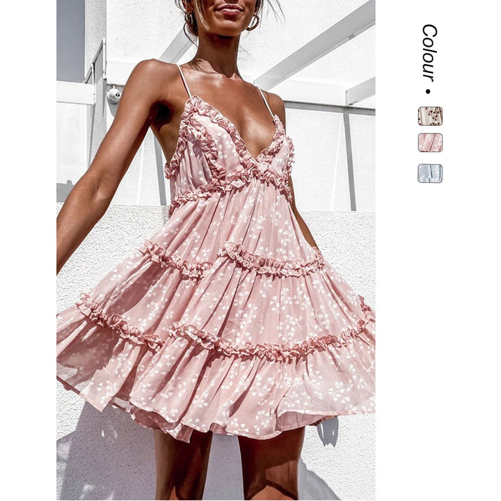 Ladies casual dress with ruffle details and deep V-neck