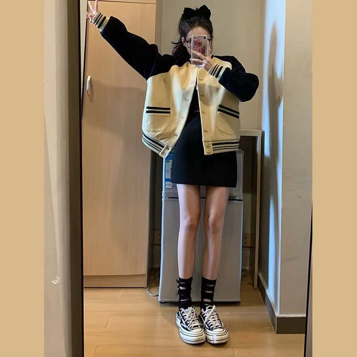 Women's Fashion Oversized College Jacket with Button Closure and Contrast Stripes Lisslune