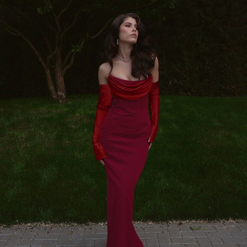Ladies Long Sleeve Evening Dress with Elegant Waterfall Neckline and Figure-Hugging Cut
