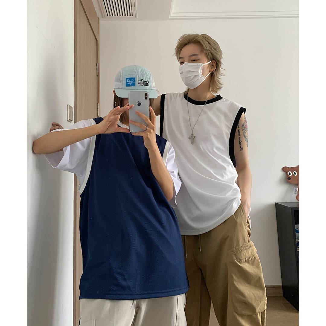 Rynx | non-binary outfits American retro contrast color vest loose pair sleeveless t-shirt stacked item trendy simple all-match top for men