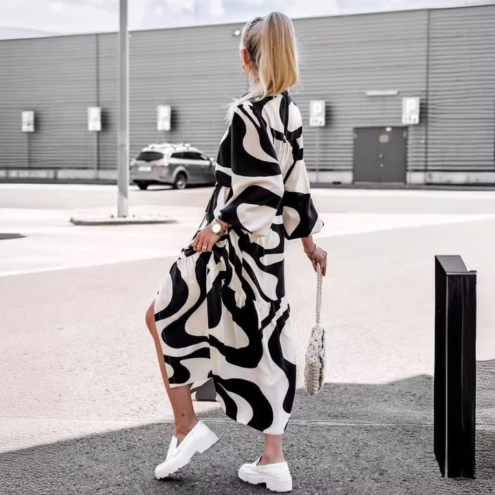 Women's Long Sleeve Shirt Dress with Fashionable Pattern and Waist Belt Lisslune