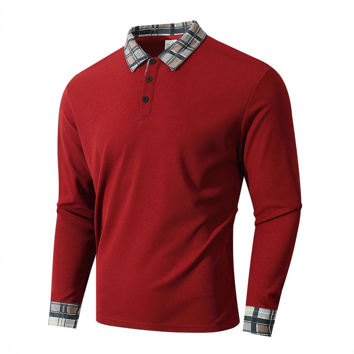 Men's Long Sleeve Polo Shirt with Stylish Check Pattern Lisslune