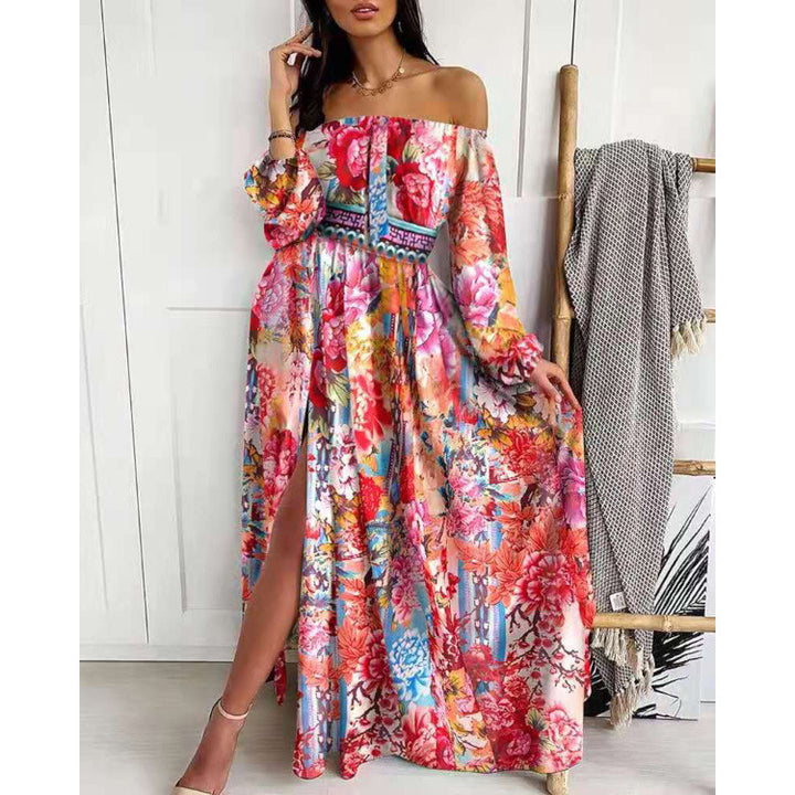 Women's maxi dress with open shoulder design and elaborate baroque pattern Lisslune