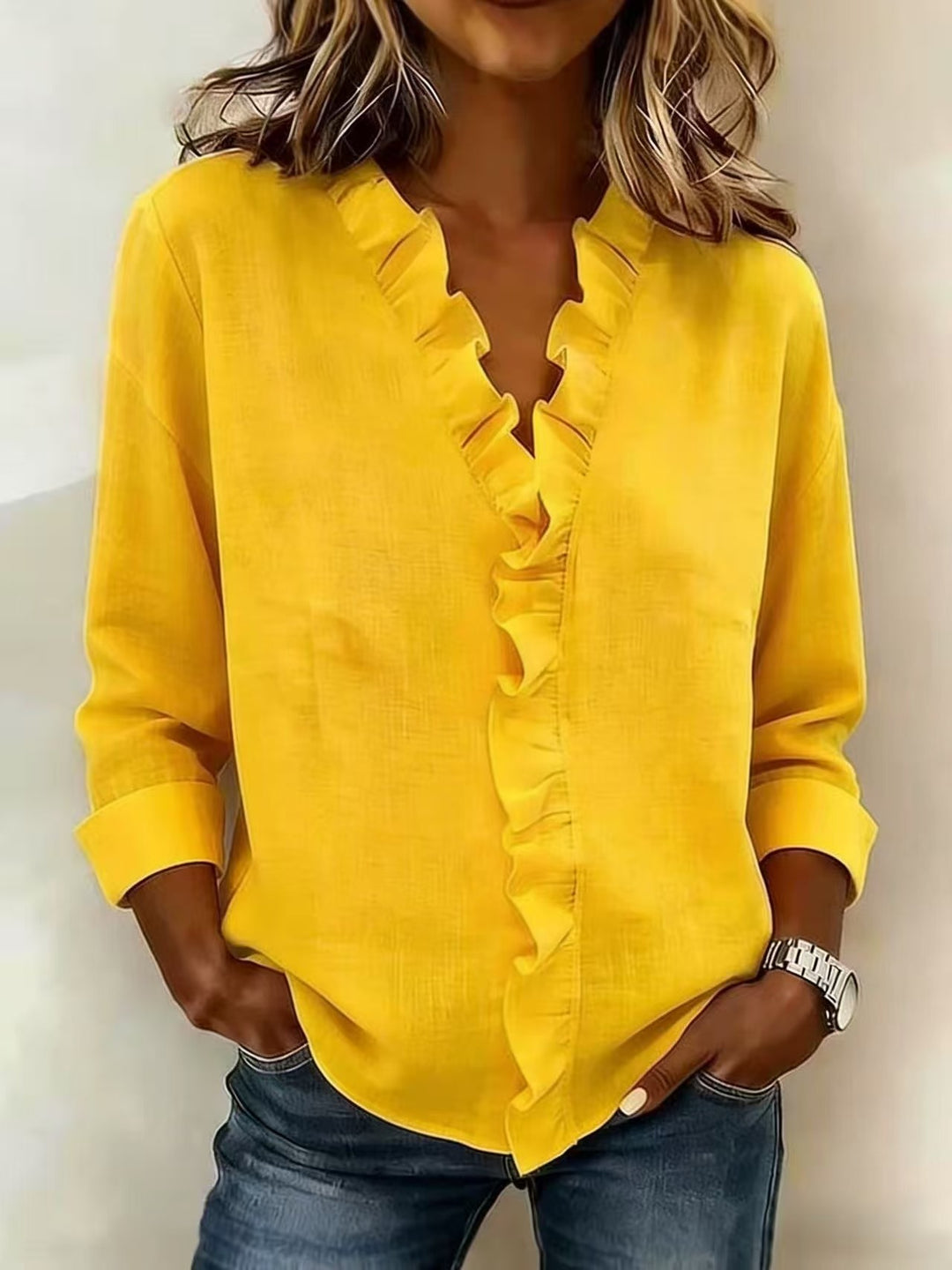 Women romantic blouse with ruffle details and V-neck Lisslune