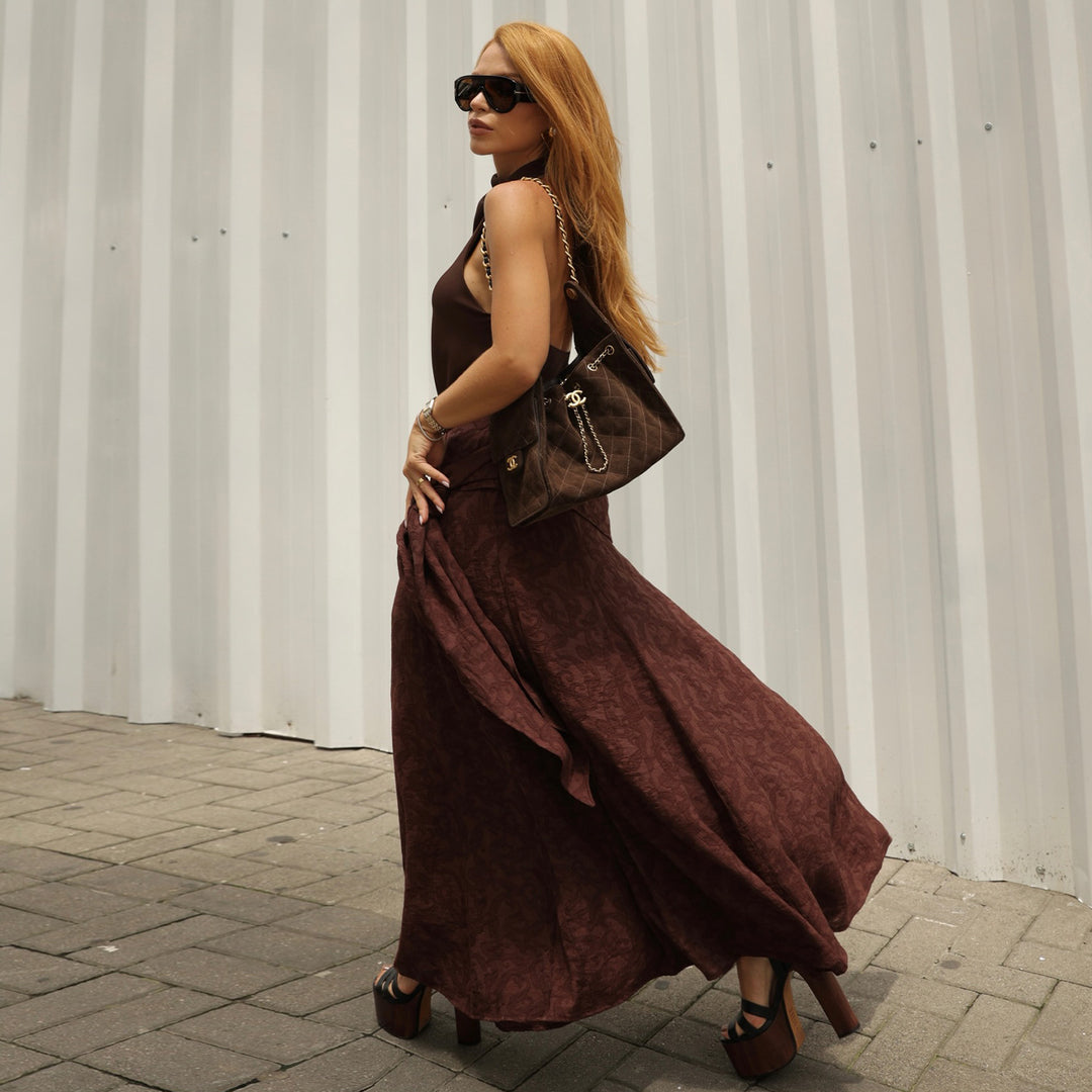 Ladies maxi skirt with sophisticated wrap design and floral accents Lisslune