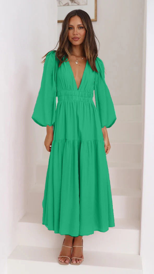Women's long-sleeve maxi dress with deep V-neck and wide skirt Lune London