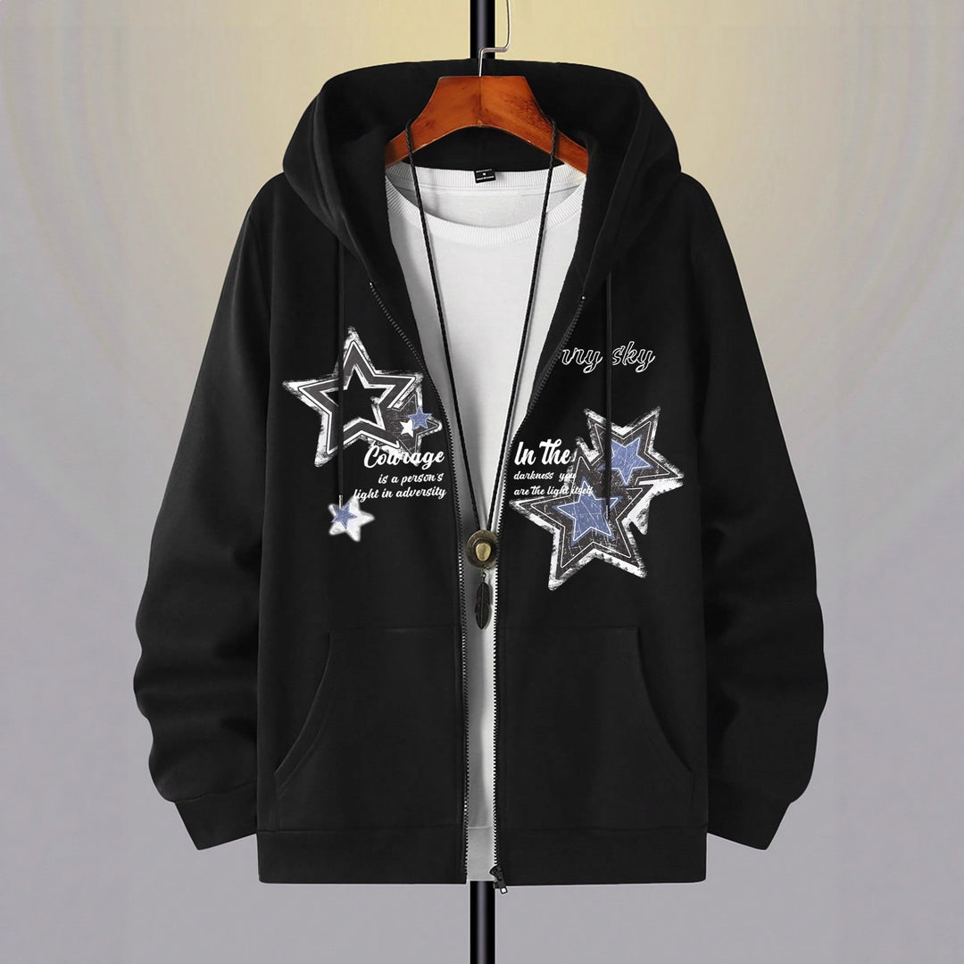 Men's hooded jacket with practical zipper and stylish star pattern Lisslune