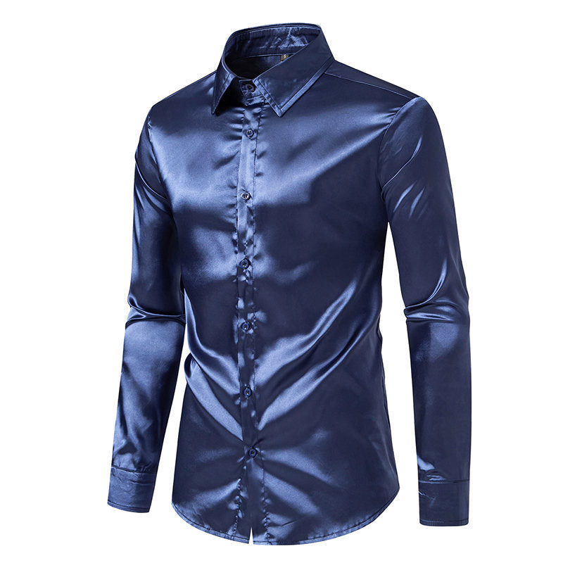 Men's Elegant Satin Shirt with Shimmering Finish and Classic Collar Lisslune