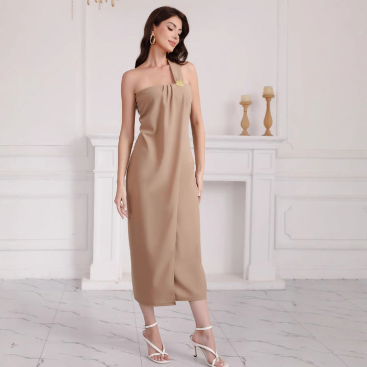 Women's elegant off-the-shoulder maxi dress with decorative detail