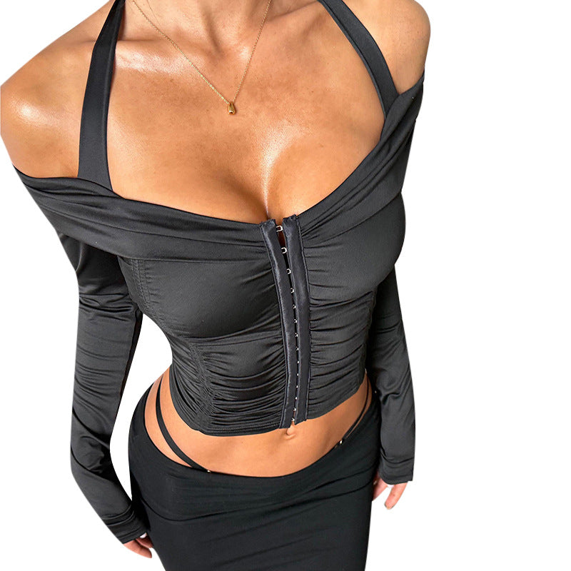 Women's fitted top with sophisticated ruffle detail and narrow straps