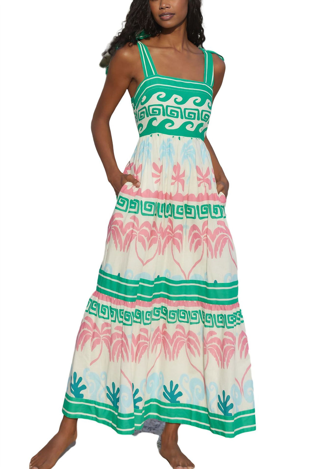Women's summer maxi dress with a unique graphic pattern and practical pockets