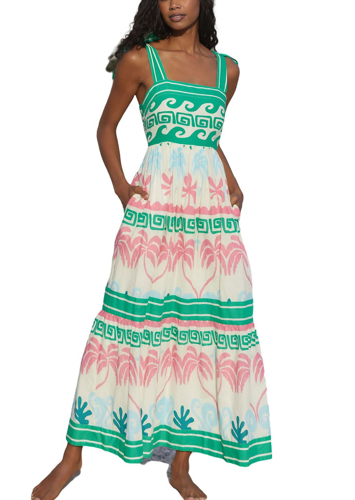 Women's summer maxi dress with a unique graphic pattern and practical pockets