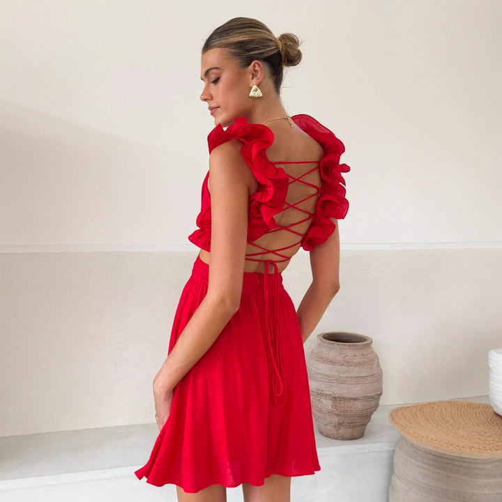 Women's casual summer dress with voluminous ruffled straps and V-neck