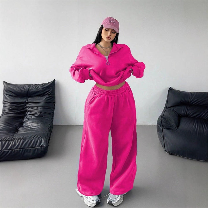Women's sporty fleece loungewear set with high collar and loose fit Lisslune