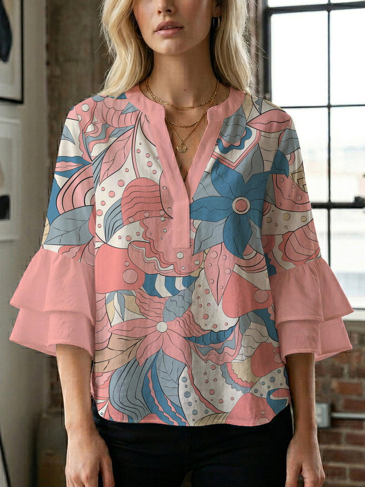 Ladies elegant top with voluminous ruffle hems and floral design Lisslune