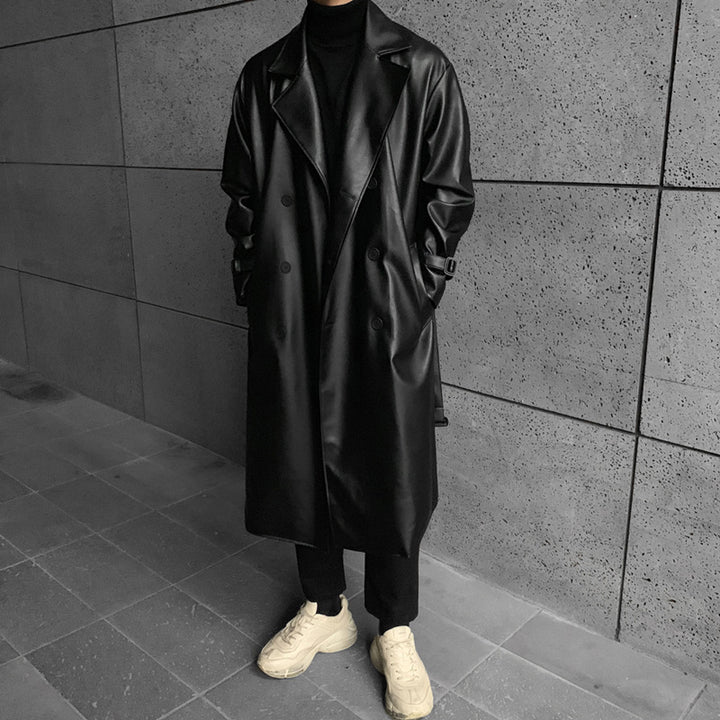 Men's fashionable long trench coat made of high-quality synthetic leather with an elegant cut Lisslune