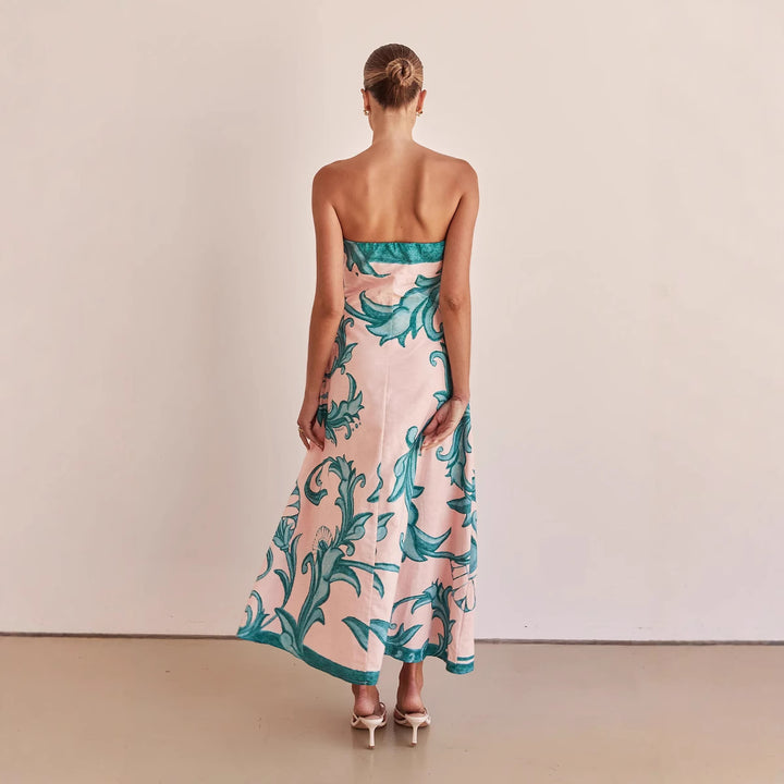 Women’s Strapless Maxi Dress with Floral Design and Elegant A-Line Cut