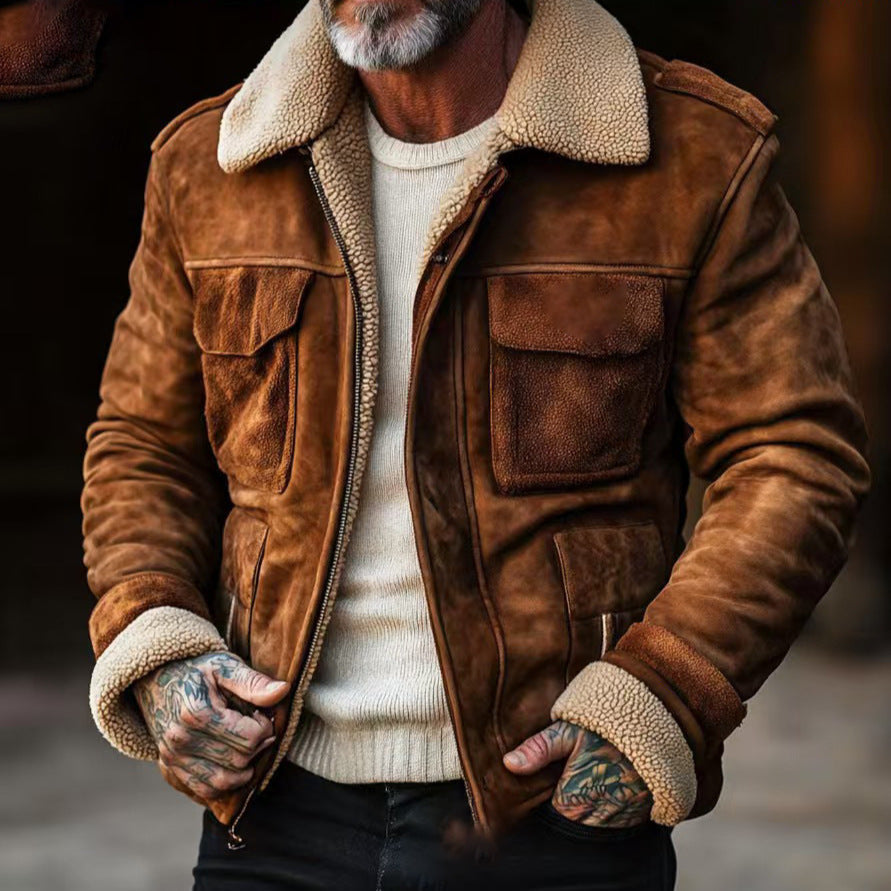 Men's leather jacket with warm Sherpa lining and practical pockets Lisslune