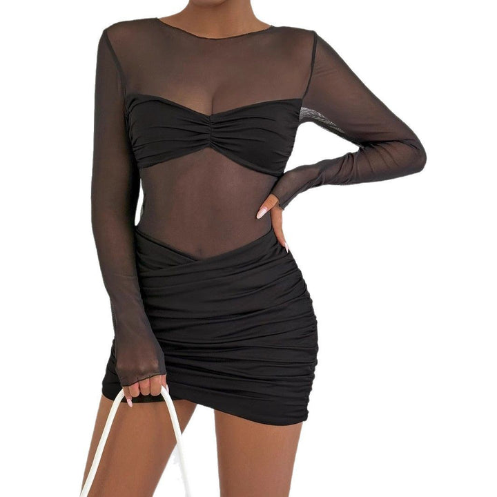Damen Raffiniertes Minikleid mit transparenten Ärmeln und Rüschendetails Lisslune