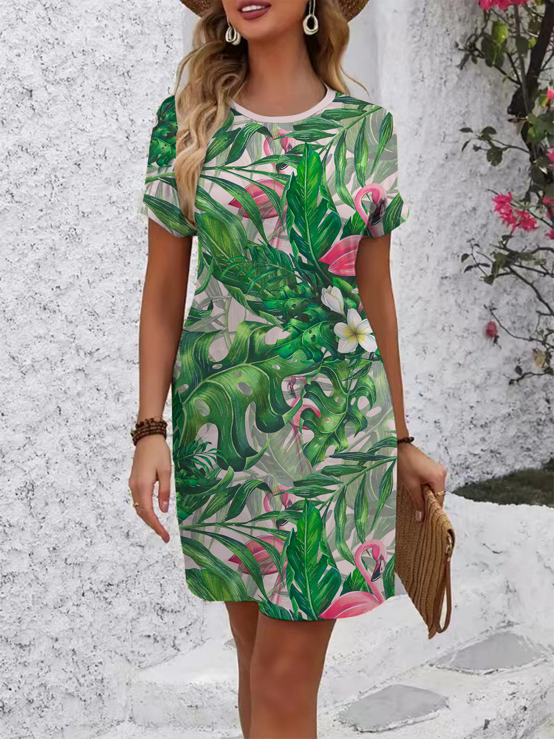 Women Short Sleeve Dress with Floral Line Pattern Lisslune