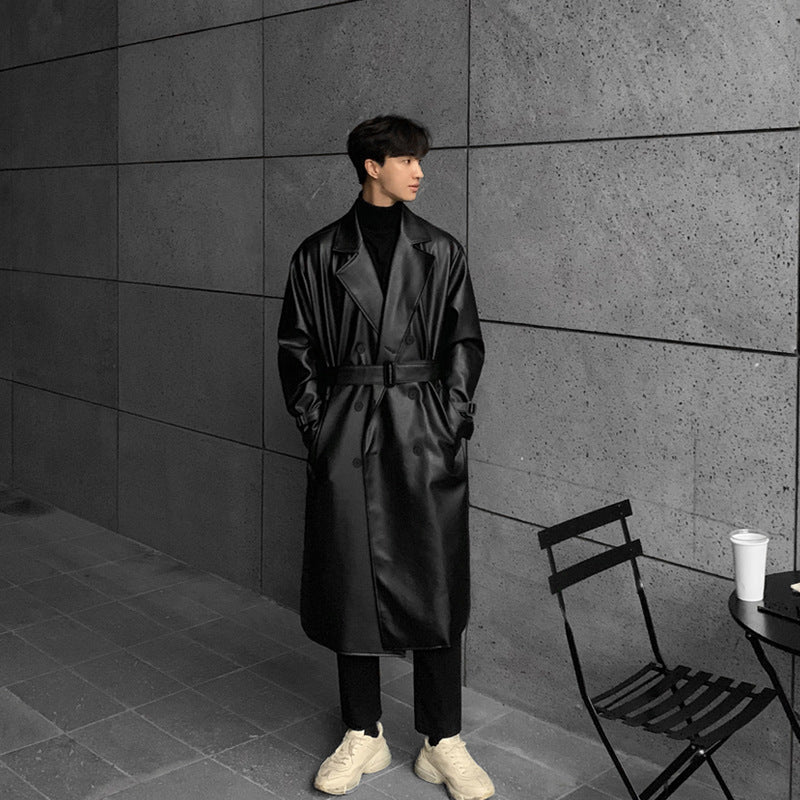 Men's fashionable long trench coat made of high-quality synthetic leather with an elegant cut Lisslune