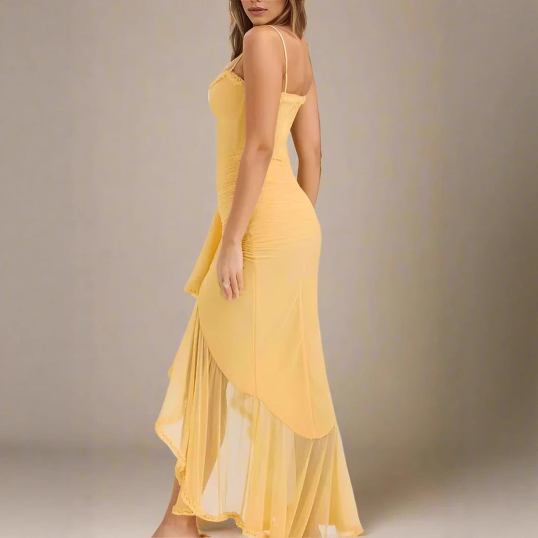 Women's Elegant Wrap Dress with Ruffle Details and High Slit