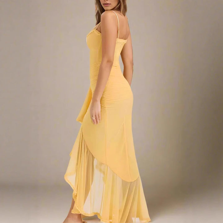 Women's Elegant Wrap Dress with Ruffle Details and High Slit