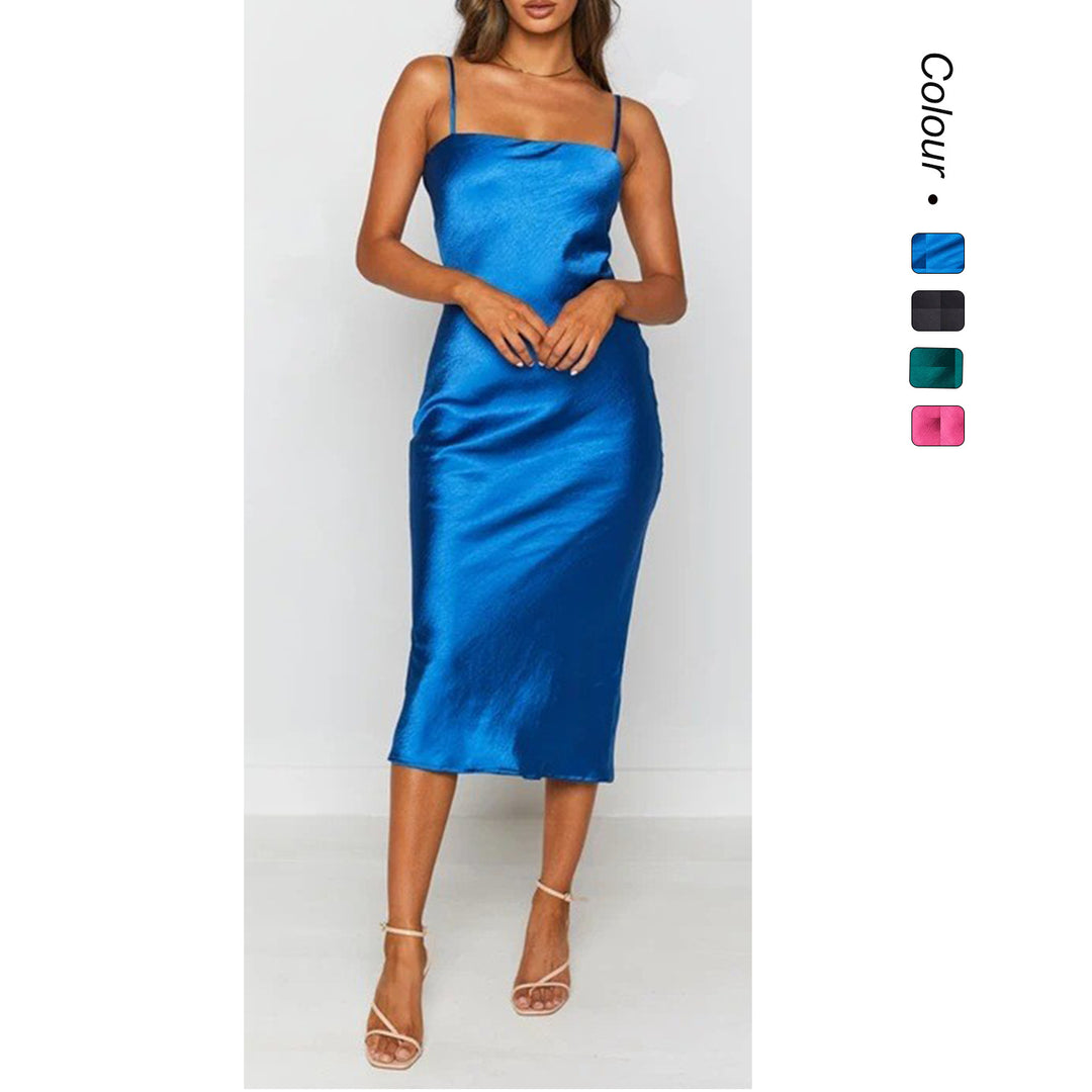 Women's satin midi dress with narrow spaghetti straps and elegant cut Lune London