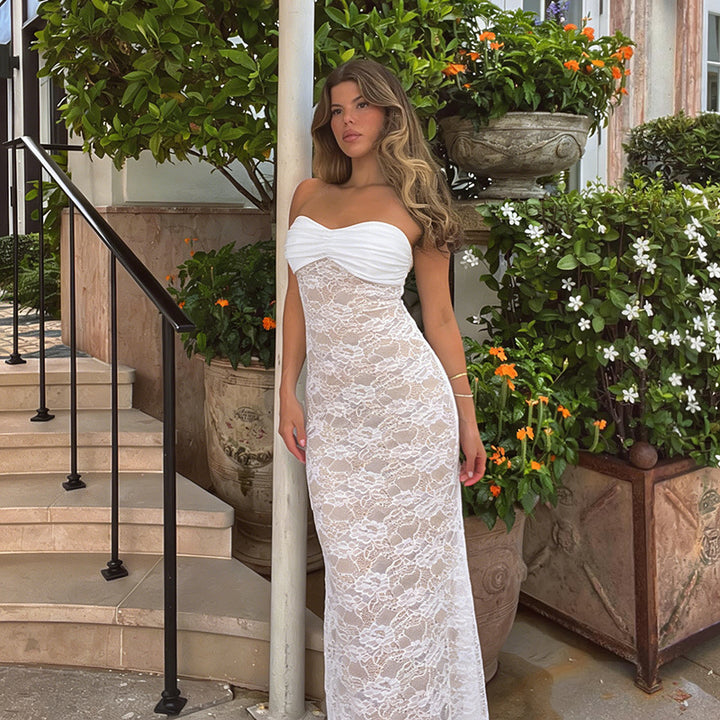 Ladies Corset Maxi Dress with sophisticated lace pattern and strapless design Lune London