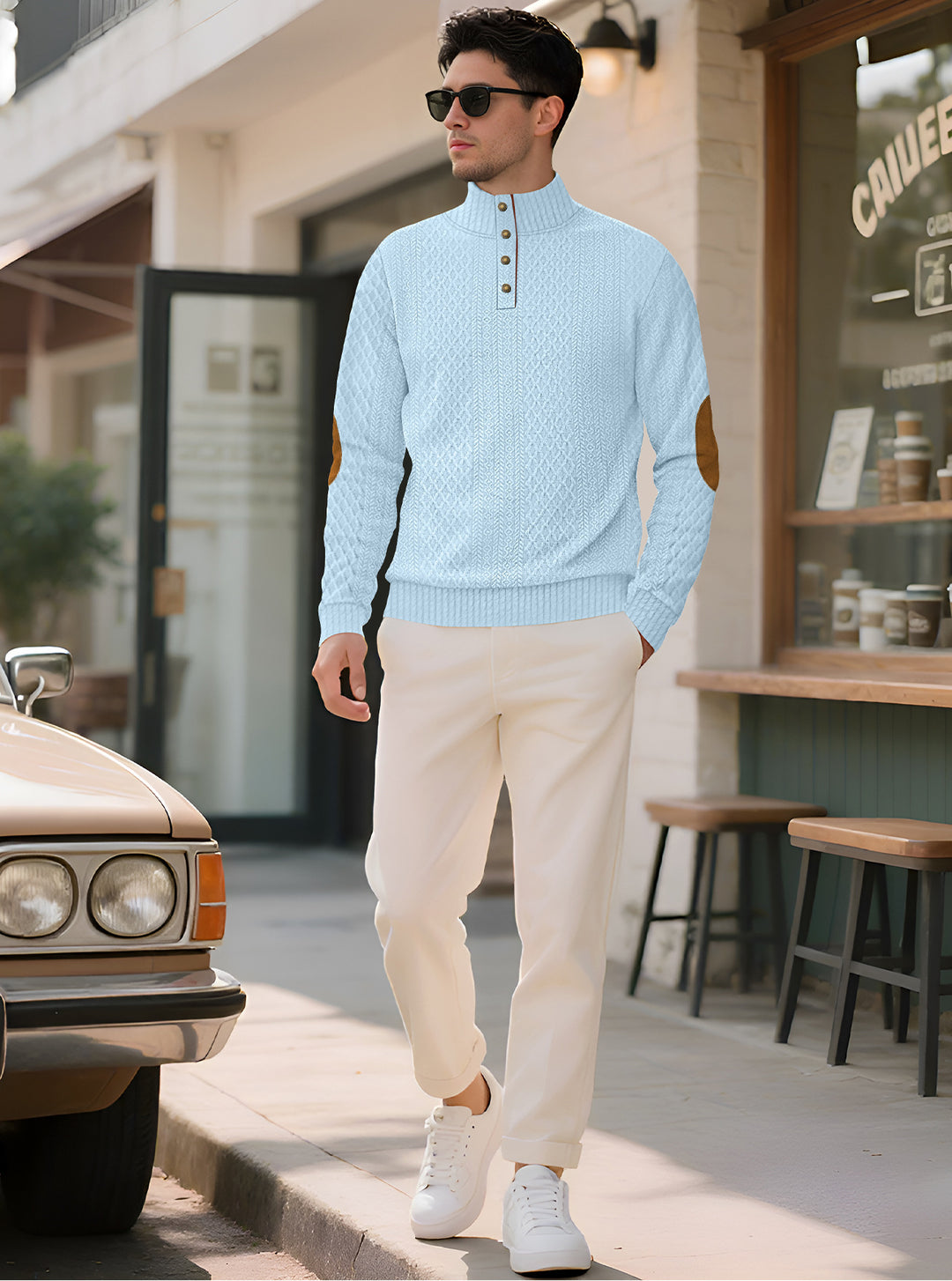 Men's knitted sweater with high collar and elegant button placket Lisslune
