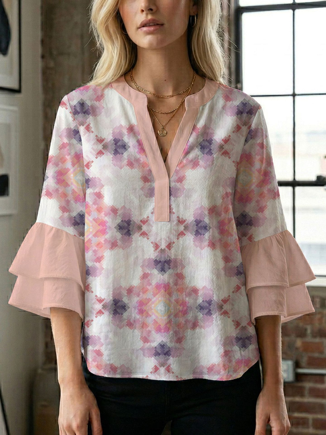Women's blouse shirt with voluminous sleeves and creative print design Lisslune